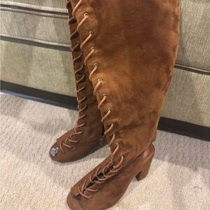 Brown Lace-Up Knee-High Boots